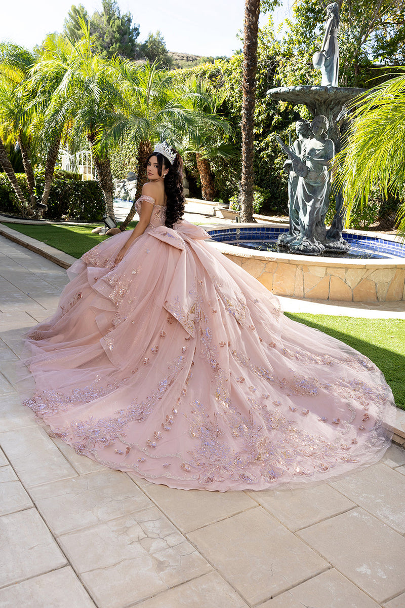 Off-Shoulder Quinceañera Ball Gown with Beaded Corset Long Train & Back Bow By Layla K LK293