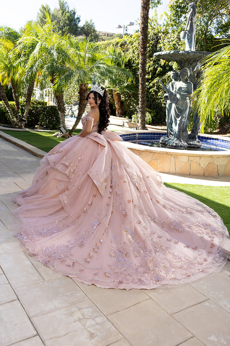 Off-Shoulder Quinceañera Ball Gown with Beaded Corset Long Train & Back Bow By Layla K LK293