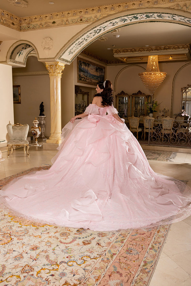 Off-Shoulder Quinceanera Ball Gown Glitter Tulle Corset Dress with Ruffled Skirt by Layla K LK296