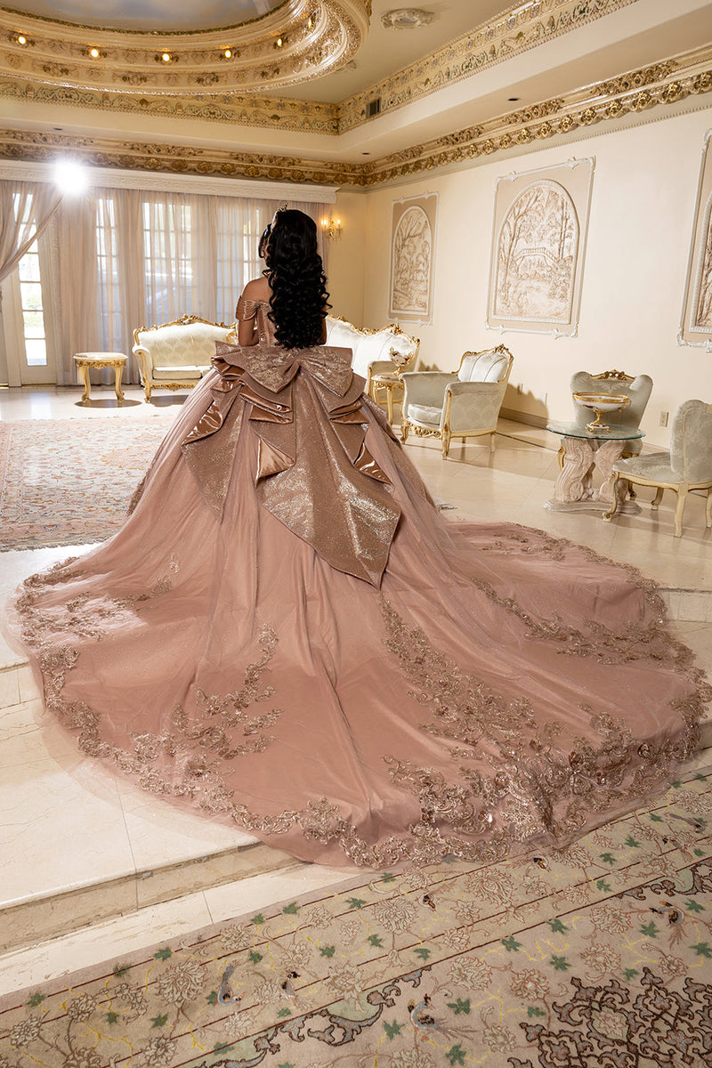 Off-Shouler Sweetheart Corset Beaded Ballgown with Detachable Bow & Train by Layla K LK297