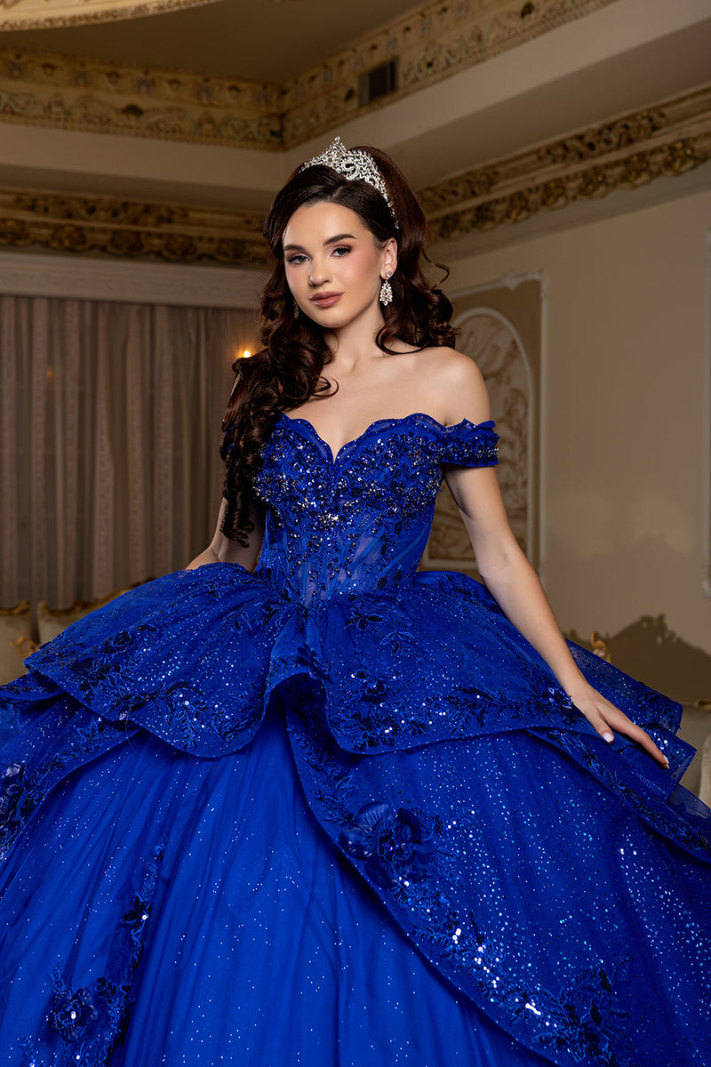 Off-Shoulder Sequin Corset Tiered Ruffle Ball Gown with Detachable Choker by Layla K LK298