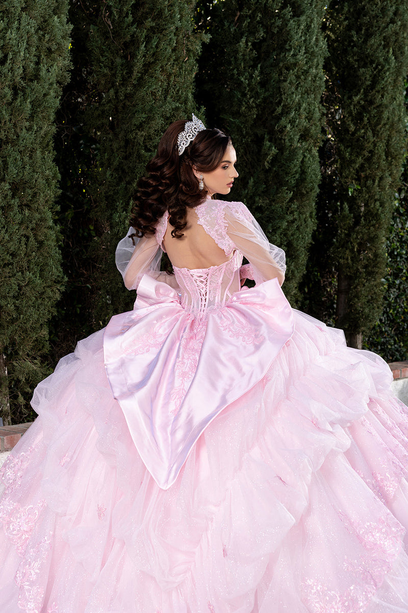 Sweetheart Long Sheer Puff Sleeve Beaded Corset Tiered Ruffle Ball Gown by Layla K LK299