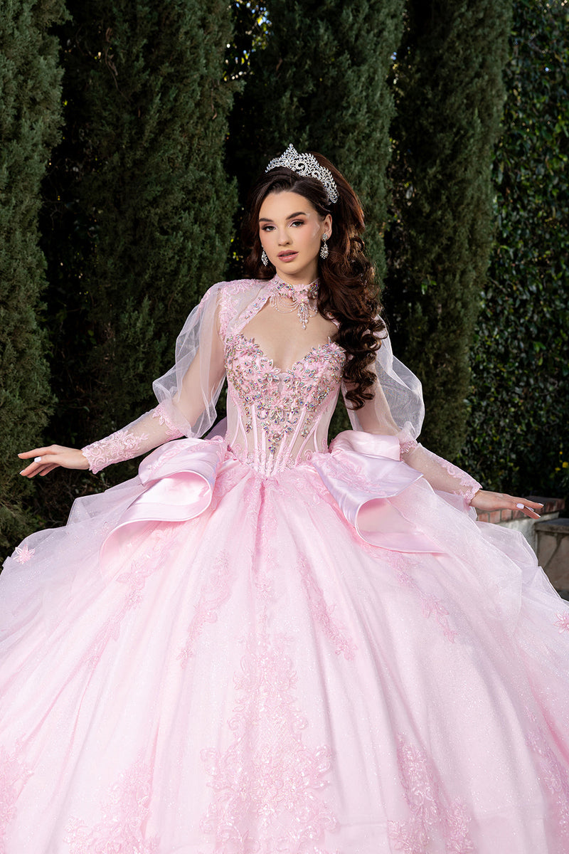 Sweetheart Long Sheer Puff Sleeve Beaded Corset Tiered Ruffle Ball Gown by Layla K LK299