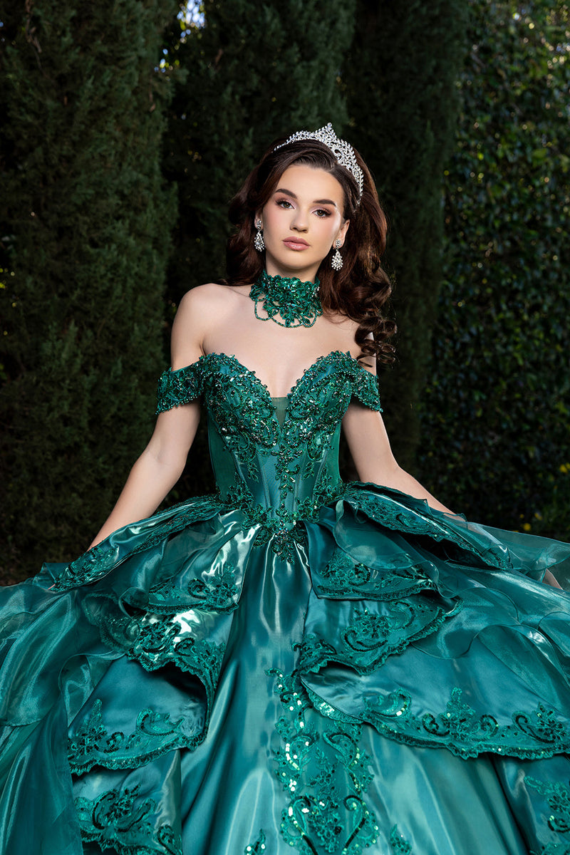 Off-Shoulder Beaded Corset Tiered Ruffle Ball Gown with Detachable Collar by Layla K LK300