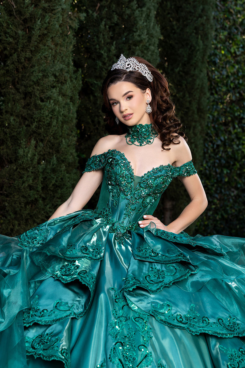 Off-Shoulder Beaded Corset Tiered Ruffle Ball Gown with Detachable Collar by Layla K LK300