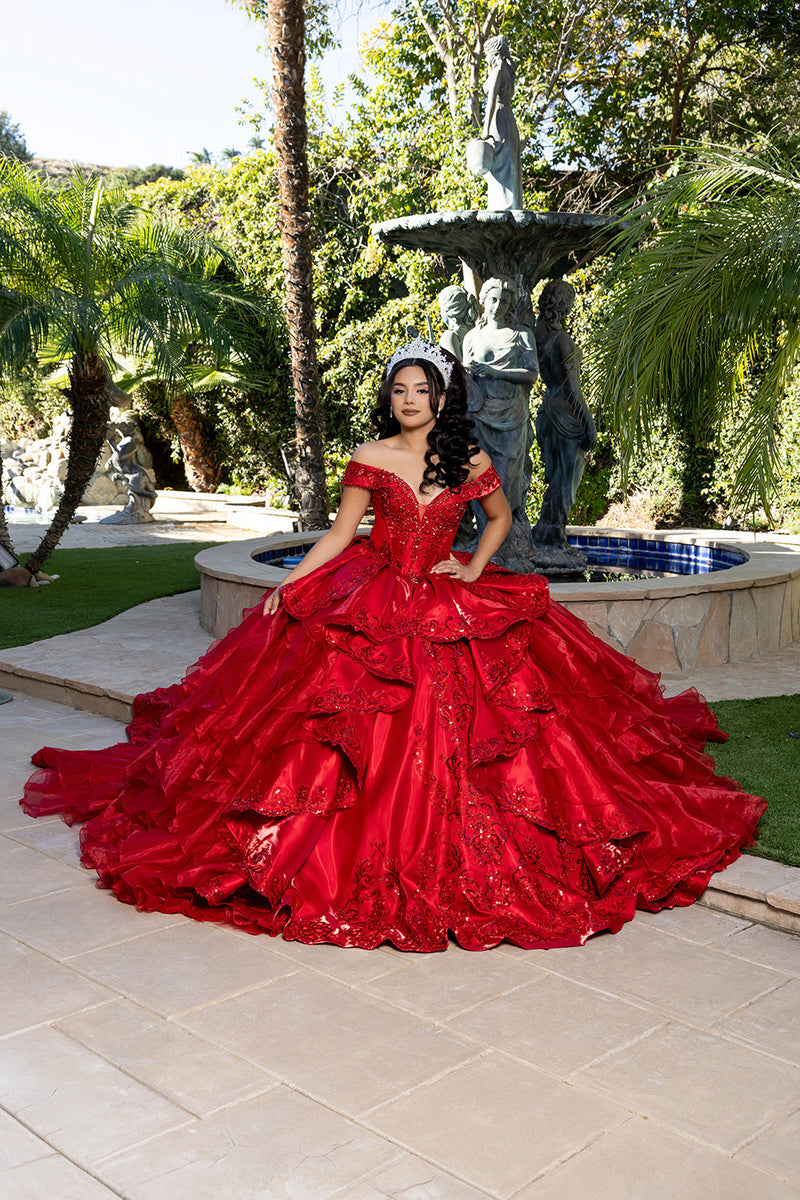 Off-Shoulder Beaded Corset Tiered Ruffle Ball Gown with Detachable Collar by Layla K LK300