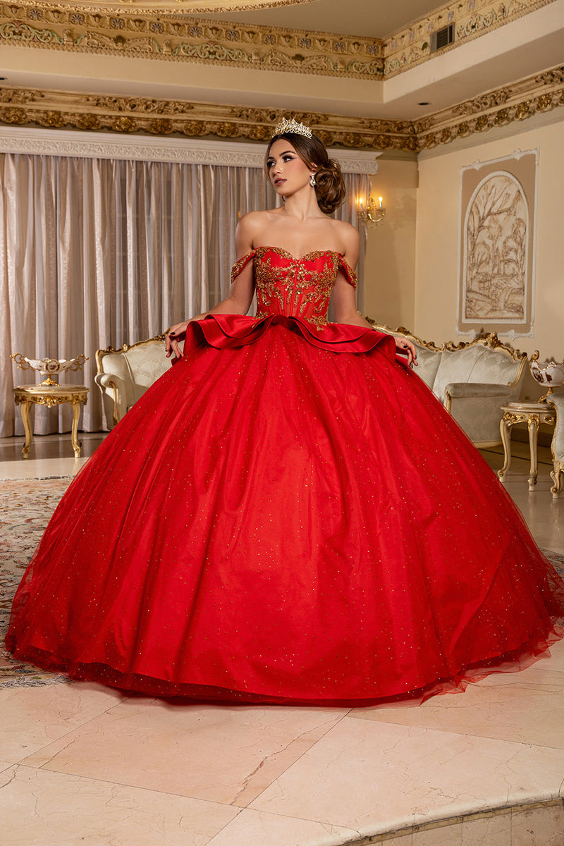 Off-Shoulder Beaded Illusion Corset Glitter Tulle Ball Gown with Bow Back Dress by Layla K LK301