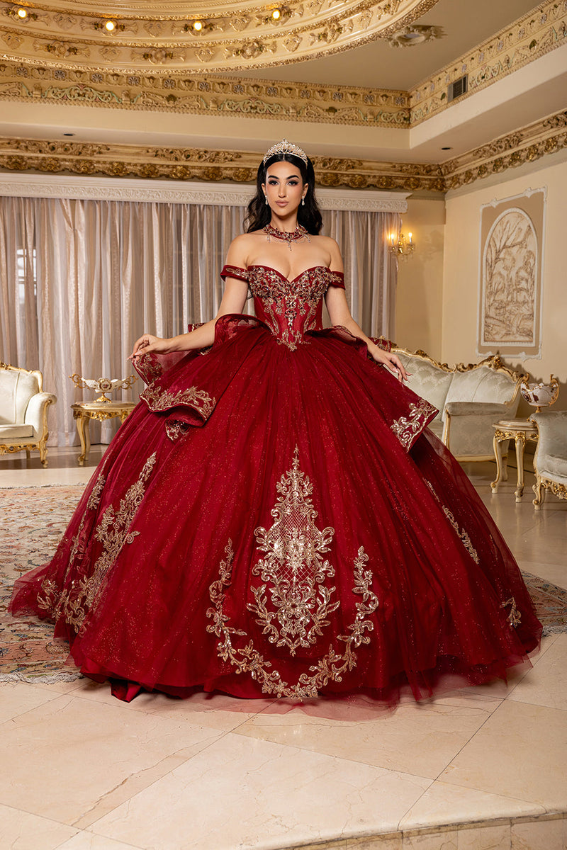 Off-Shoulder Embroidered Illusion Corset Glitter Tulle QuinceaƱera Gown by Layla K LK303