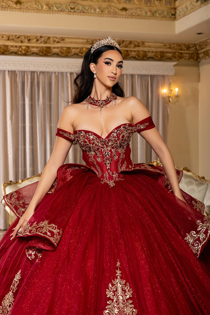 Off-Shoulder Embroidered Illusion Corset Glitter Tulle QuinceaƱera Gown by Layla K LK303