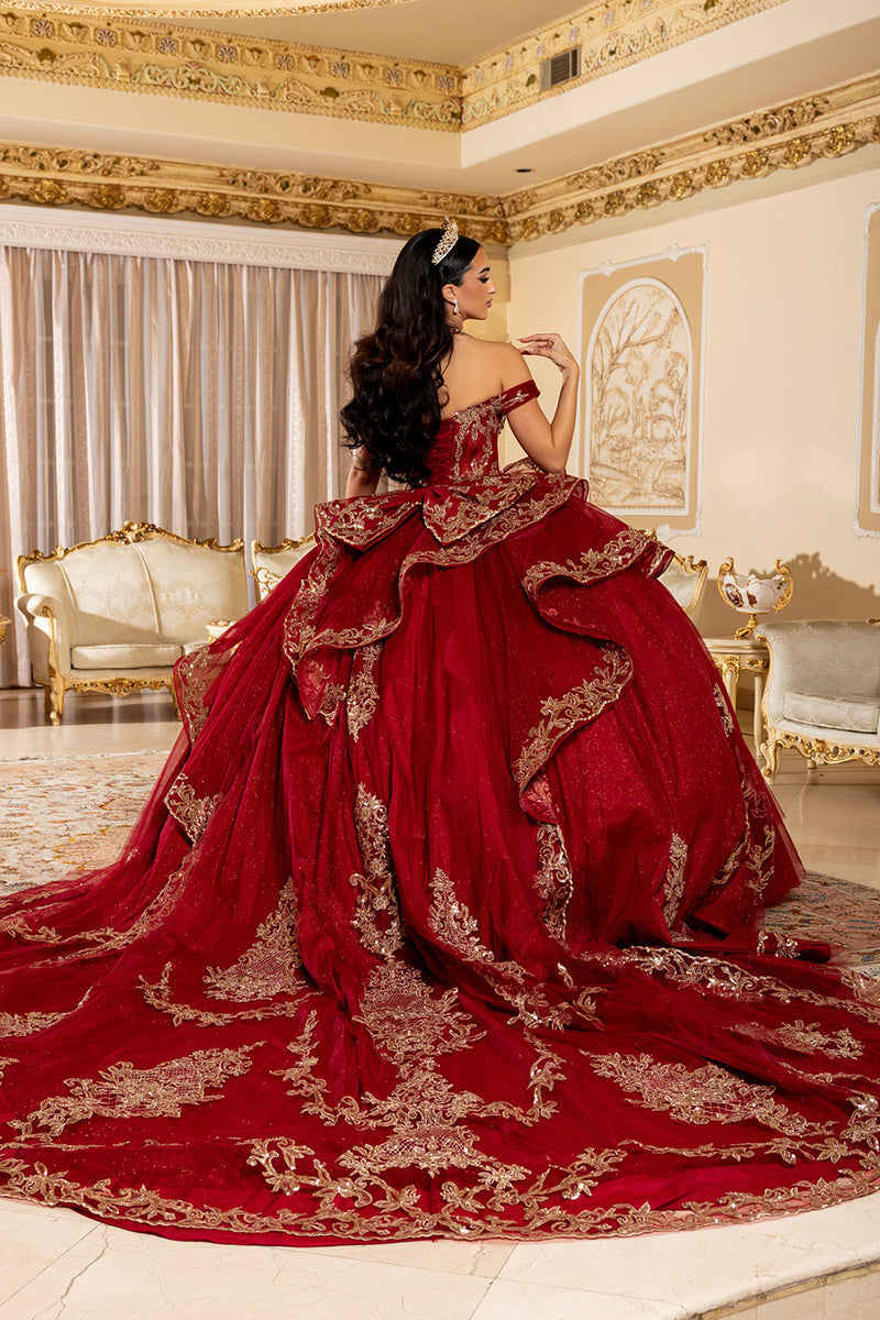 Off-Shoulder Embroidered Illusion Corset Glitter Tulle QuinceaƱera Gown by Layla K LK303