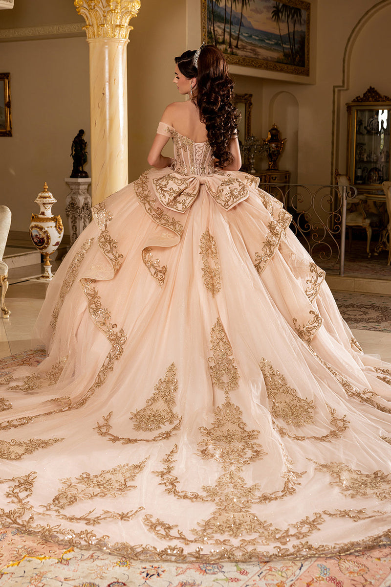 Off-Shoulder Embroidered Illusion Corset Glitter Tulle QuinceaƱera Gown by Layla K LK303