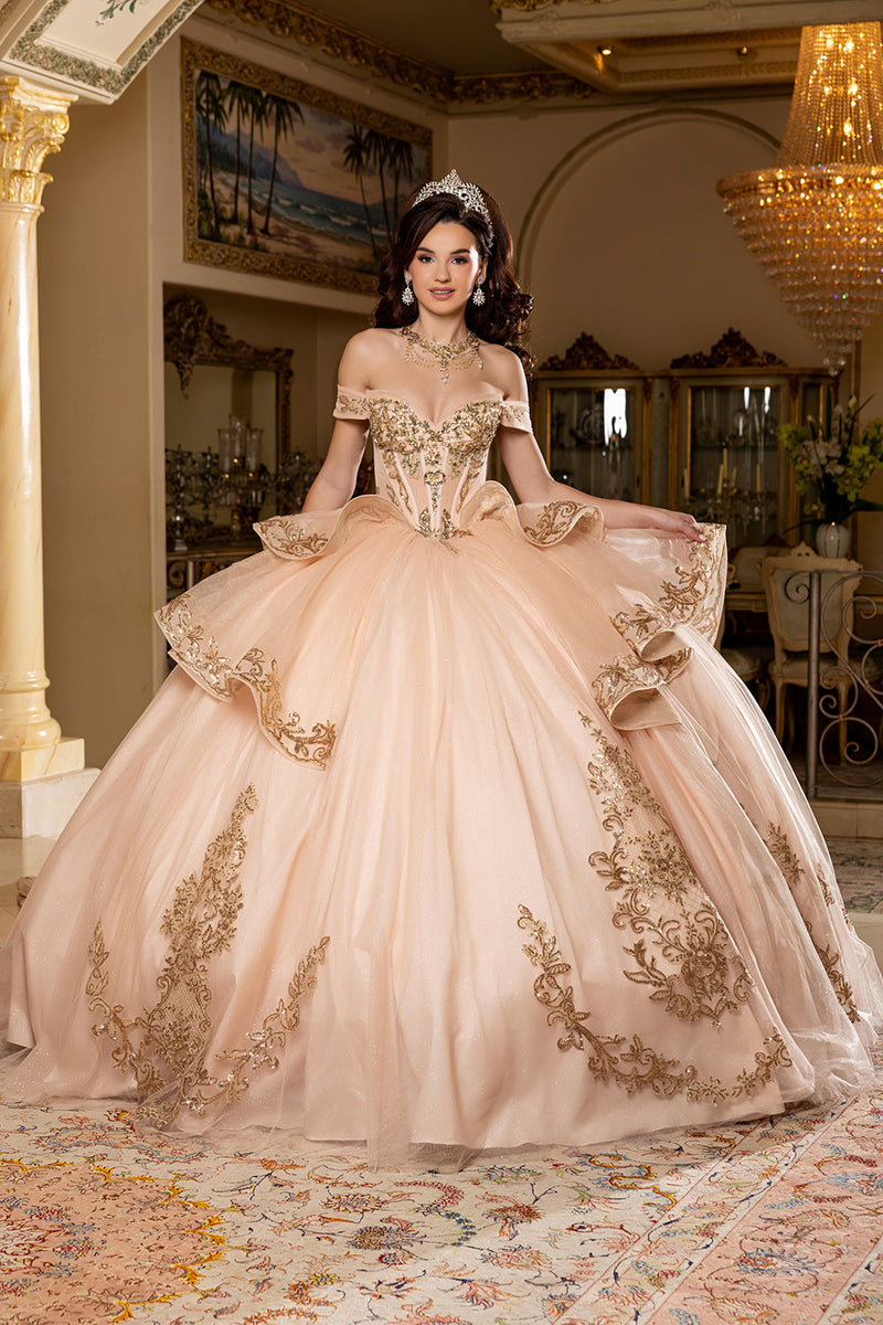 Off-Shoulder Embroidered Illusion Corset Glitter Tulle QuinceaƱera Gown by Layla K LK303