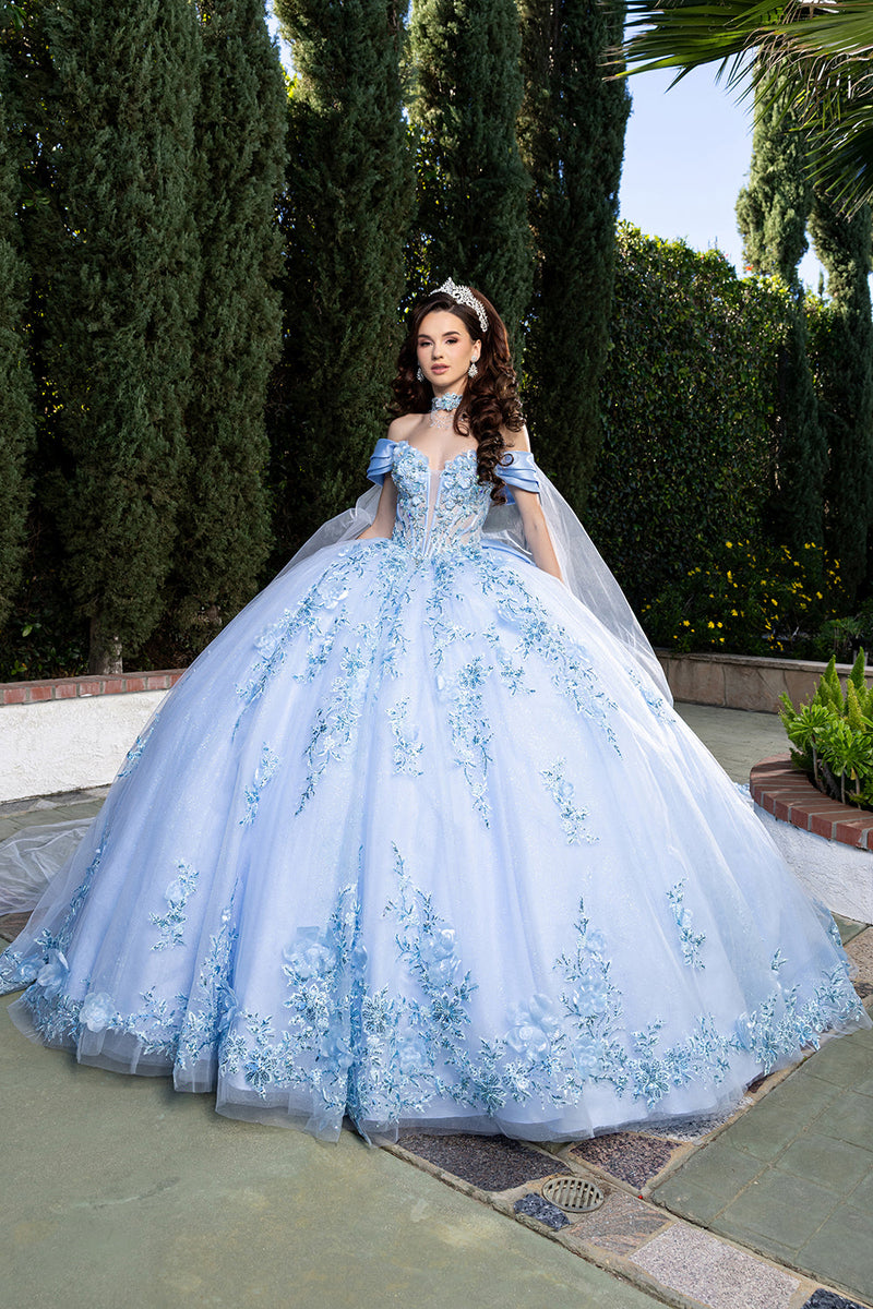 Off-Shoulder Plunging Sweetheart 3D Floral Illusion Corset QuinceaƱera Dress by Layla K LK305