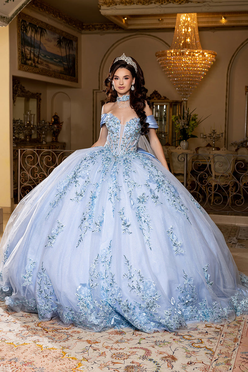 Off-Shoulder Plunging Sweetheart 3D Floral Illusion Corset QuinceaƱera Dress by Layla K LK305