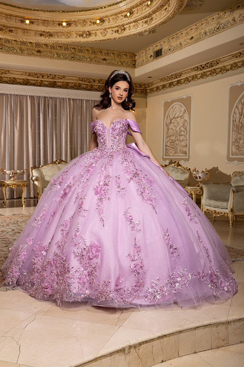 Off-Shoulder Plunging Sweetheart 3D Floral Illusion Corset QuinceaƱera Dress by Layla K LK305