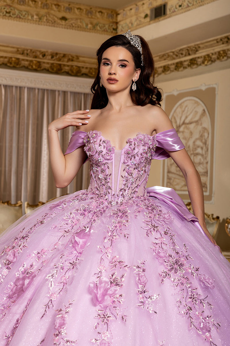 Off-Shoulder Plunging Sweetheart 3D Floral Illusion Corset QuinceaƱera Dress by Layla K LK305