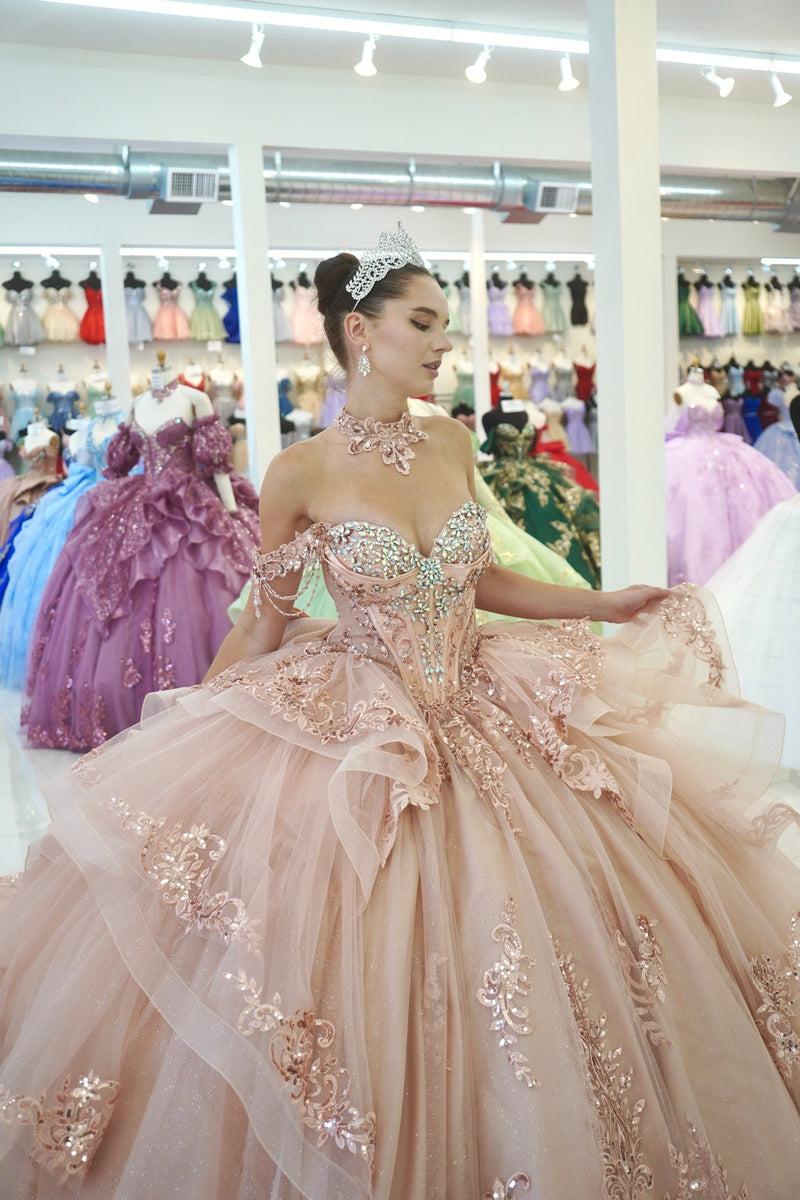 Off-Shoulder Sweetheart Beaded Corset Glitter Tulle Lace Appliqué Ball Gown by Layla K LK306