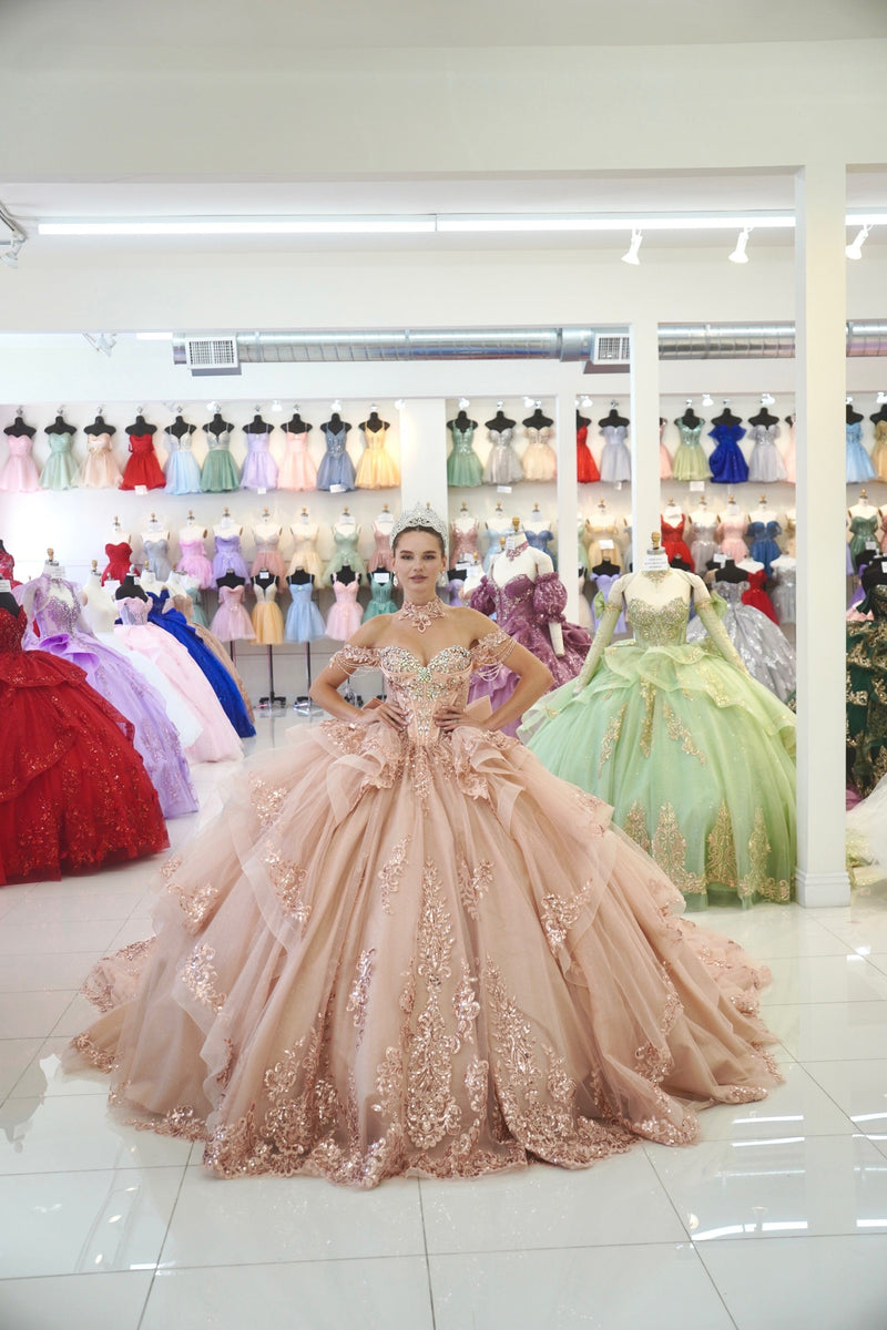 Off-Shoulder Sweetheart Beaded Corset Glitter Tulle Lace Appliqué Ball Gown by Layla K LK306