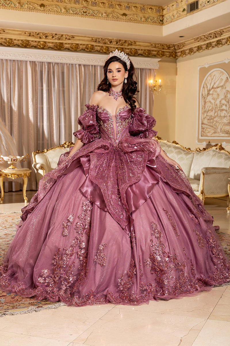 Off-Shoulder Ruffle Puff Sleeve Illusion Corset Ball Gown QuinceaƱera Dress by Layla K LK310