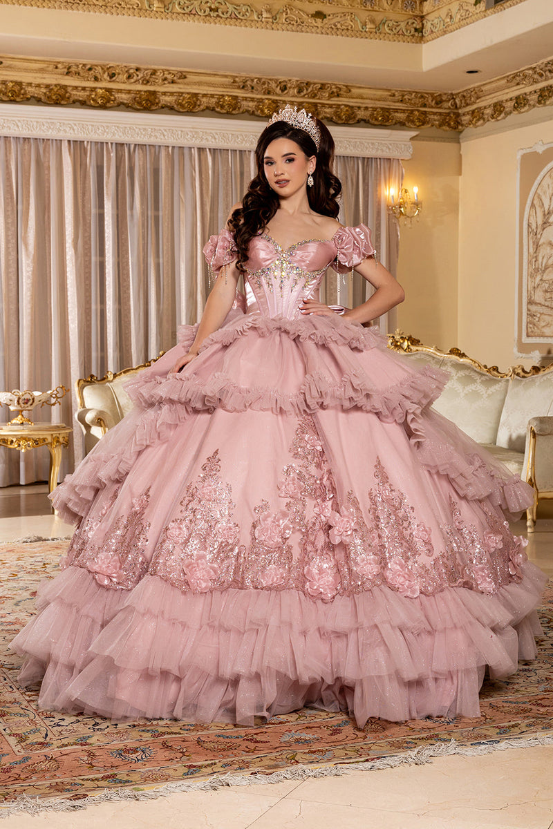Off-Shoulder Satin Corset Tiered Ruffle Ball Gown QuinceaƱera Dress by Layla K LK312