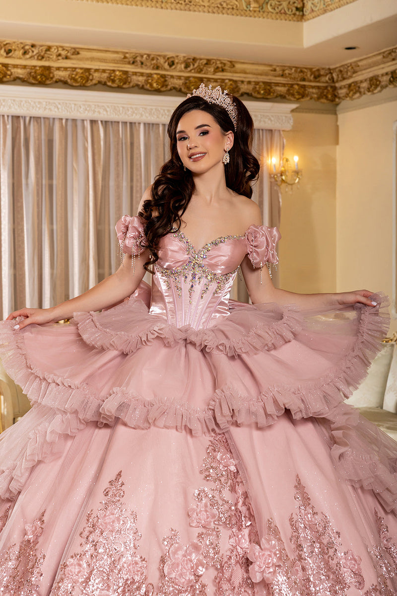 Off-Shoulder Satin Corset Tiered Ruffle Ball Gown QuinceaƱera Dress by Layla K LK312