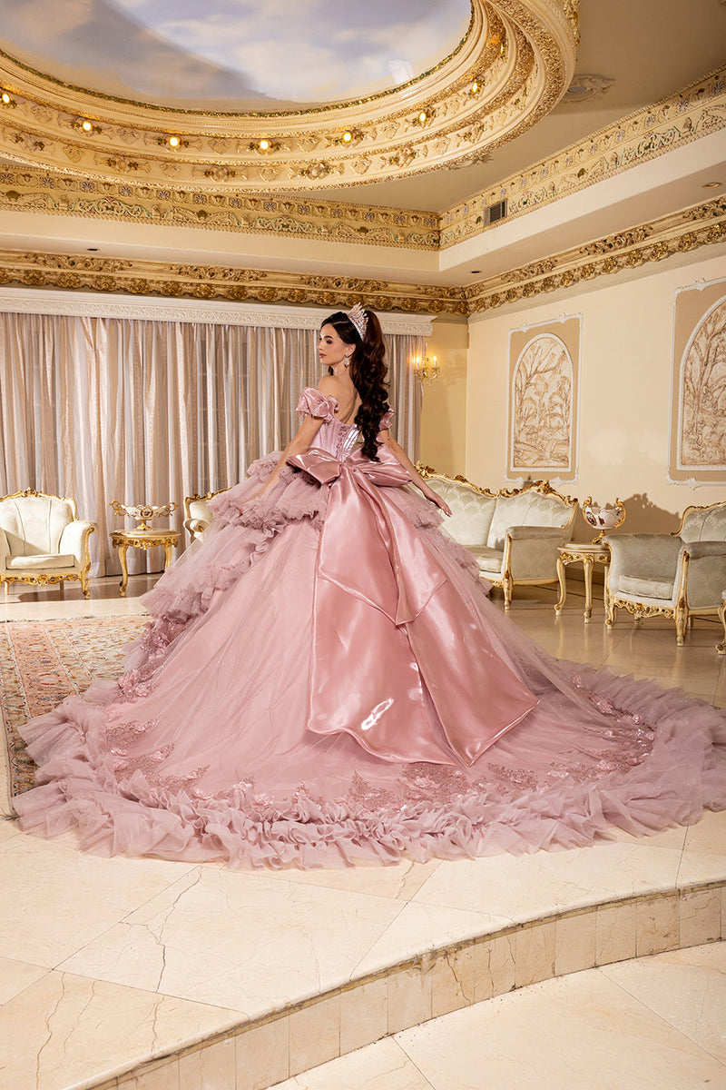 Off-Shoulder Satin Corset Tiered Ruffle Ball Gown QuinceaƱera Dress by Layla K LK312