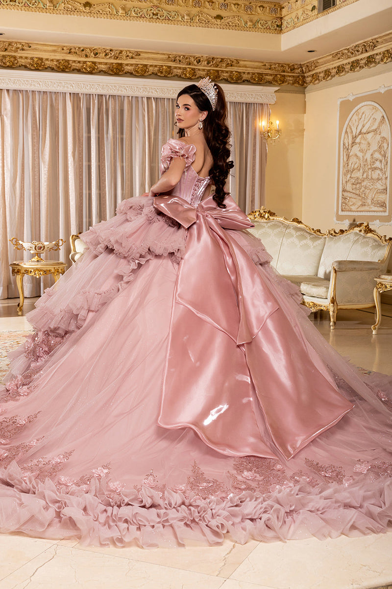 Off-Shoulder Satin Corset Tiered Ruffle Ball Gown QuinceaƱera Dress by Layla K LK312
