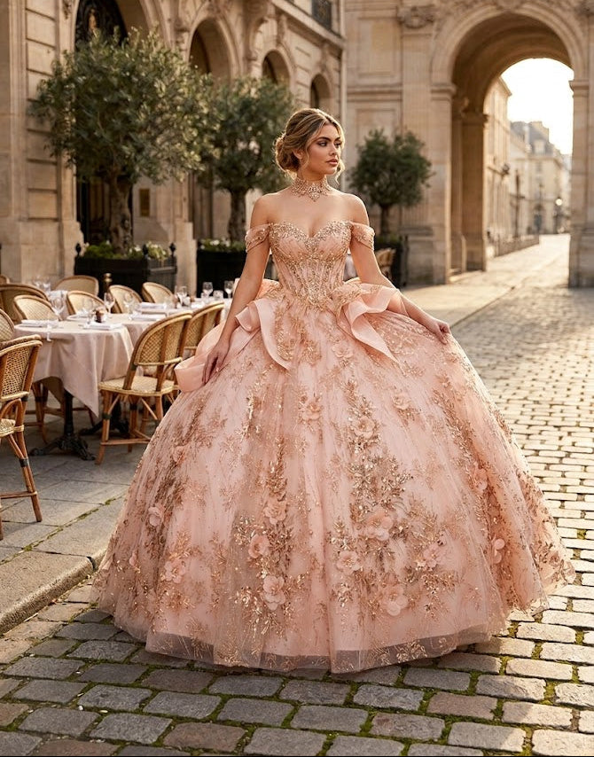 Off-Shoulder Sweetheart Beaded Corset Glitter Ball Gown QuinceaƱera Dress by Layla K LK313