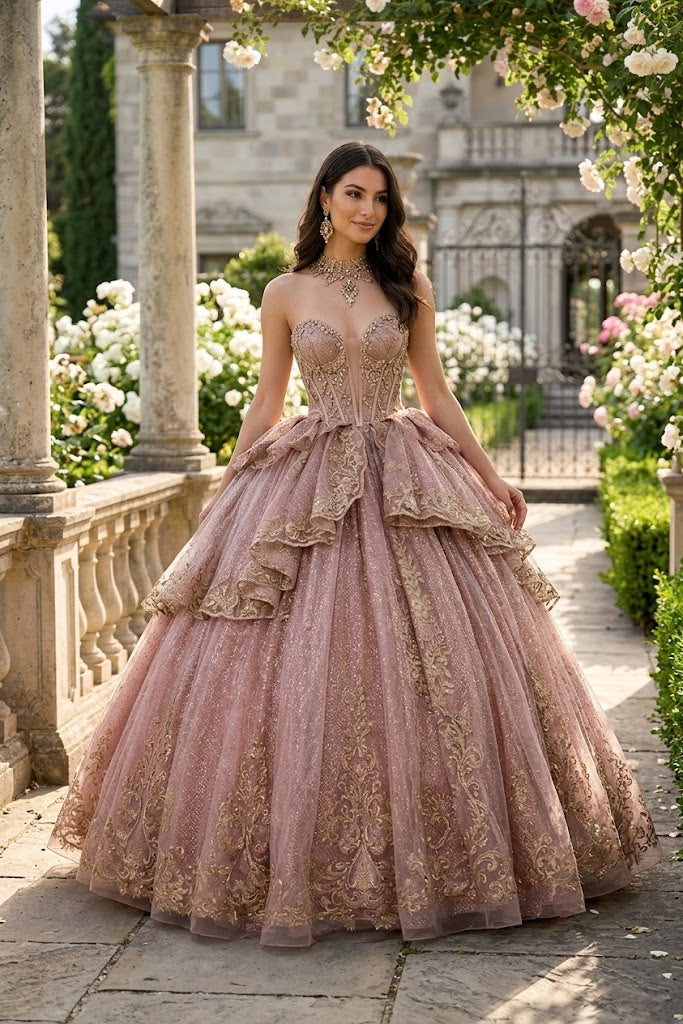 Sleeveless Sweetheart Beaded Corset Tiered Lace Ball Gown QuinceaƱera Dress by Layla K LK316