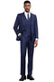 Navy Stacy Adams suit: classic one-button blazer with a vested interior. Windowpane pattern in contrasting hue. Matching tailored trousers. Smooth, polished finish for a formal look.
