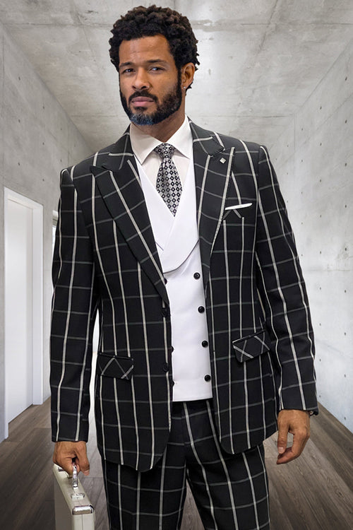 Men's black & white windowpane plaid wool suit. Features peak lapel, one-button jacket, and matching vest & pants. Structured shoulders, tailored fit, dual pockets. Formal look.