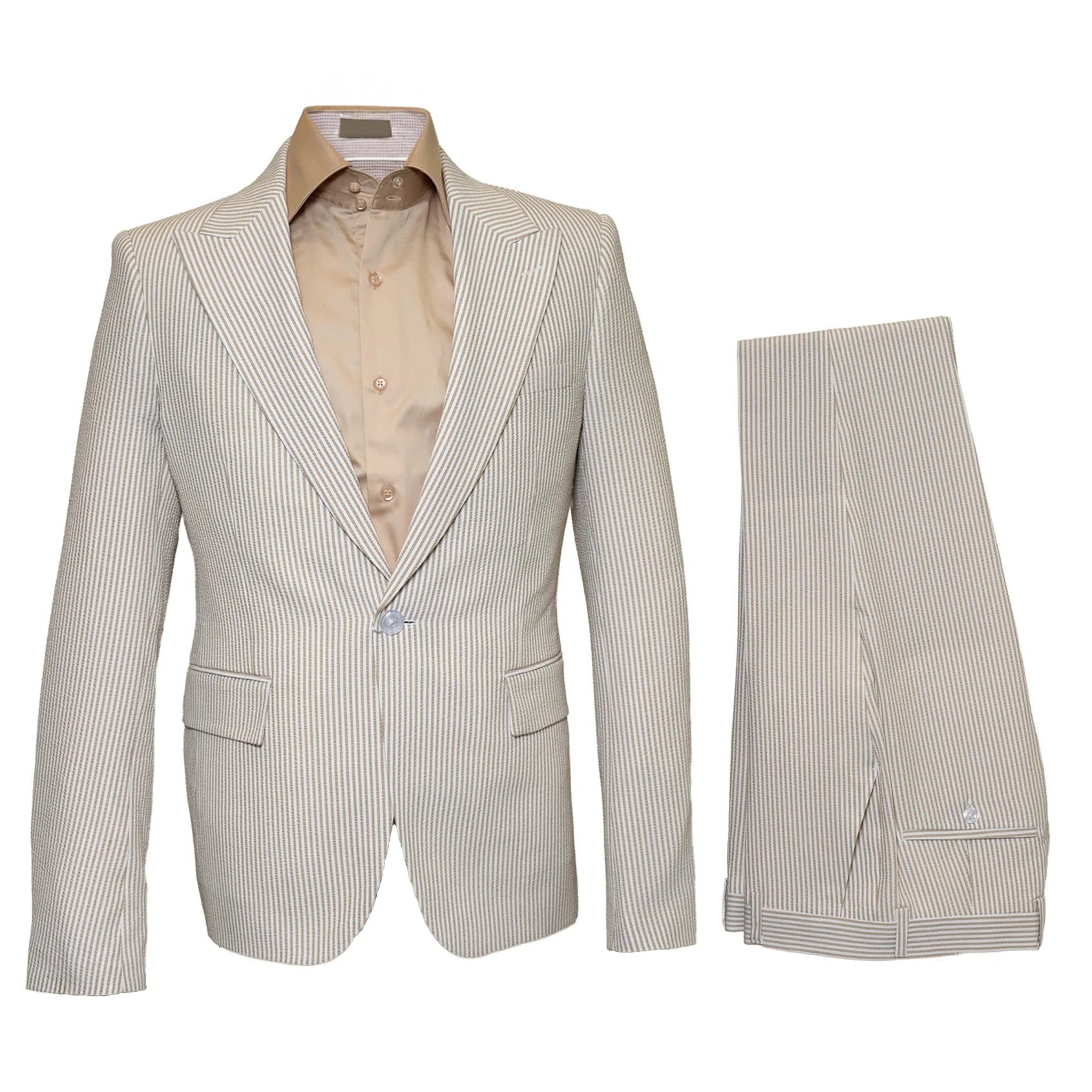 Beige seersucker suit with peak lapels and thin stripes. Includes a blazer with two pockets and matching trousers.