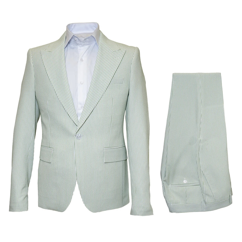 Light green seersucker suit with peak lapels, fitted jacket (single button, 2 pockets), and structured trousers. Textured striped pattern in light and dark green.