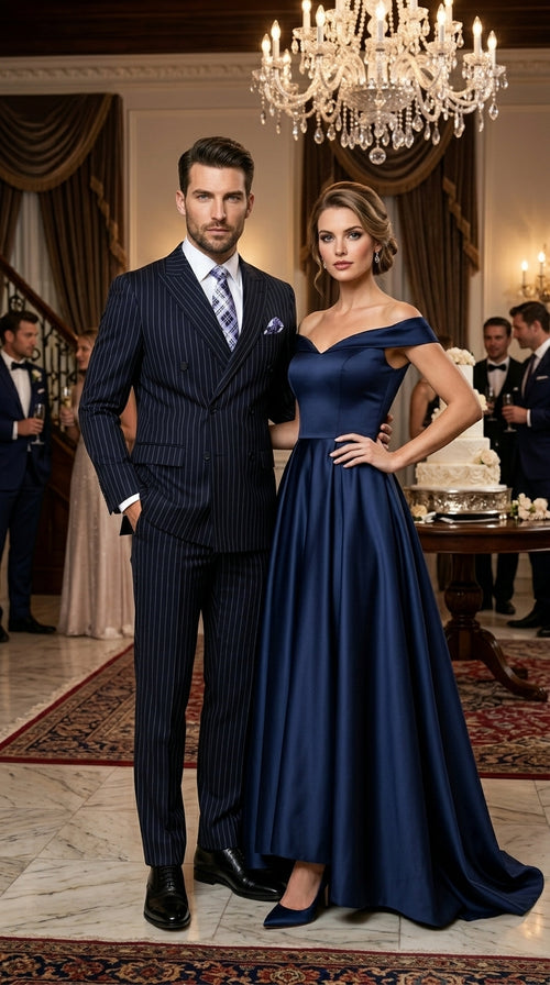 Men’s Navy Pinstripe Double Breasted Suit, Statement Formal Wedding Business Dress Suit