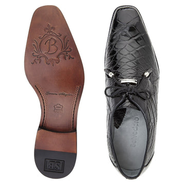 Black alligator leather Belvedere Lago plain toe dress shoe. Rounded shape, smooth upper, lace-up closure. Brown leather sole with engraving, black rubber traction inset.
