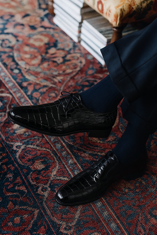 Belvedere Lago Black Genuine Crocodile Dress Shoe