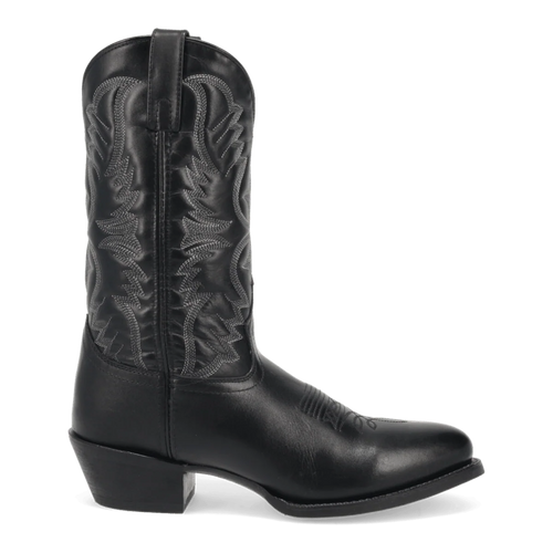 Laredo men's Birchwood boot. Black leather shaft with decorative stitching. Slight pointed toe, low heel.