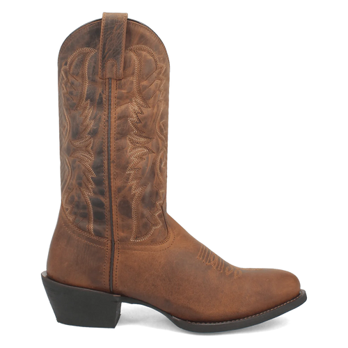 Laredo Men's Birchwood boot: tall, brown leather shaft, rounded toe. Detailed stitching, raised heel. Classic Western style.