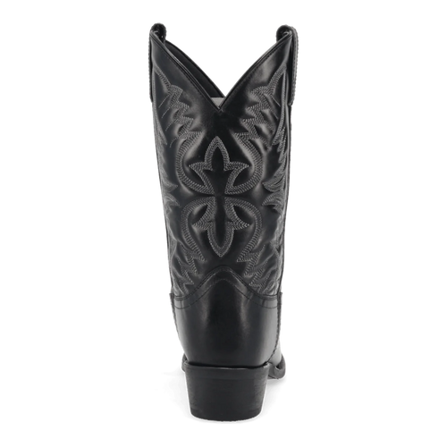 Laredo men's Birchwood boot: Black leather, pointed toe, high shaft. Embossed floral & leaf patterns on the upper. Stacked heel, smooth sole. Textured detailing.