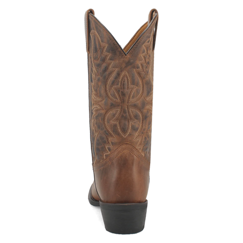 Laredo Men's Birchwood boot: Tall, brown leather with a pointed toe & flared top. Intricate stitching, durable black rubber outsole, and V-cut top for easy wear.