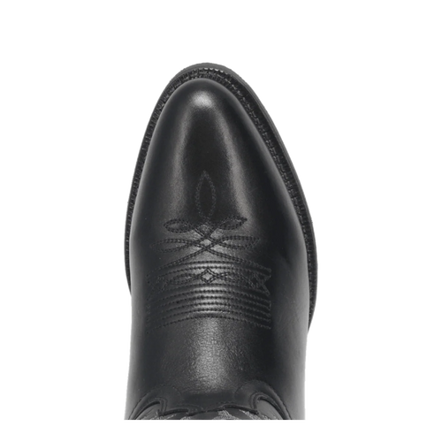Laredo men's Birchwood boot: Pointed toe, black leather upper with detailed stitching. Smooth, slightly shiny surface. Classic Western style.