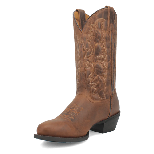 Laredo men's Birchwood boot: Tall brown leather with embossed shaft and rounded toe. Wide fit, black rubber outsole, slight heel for stability.