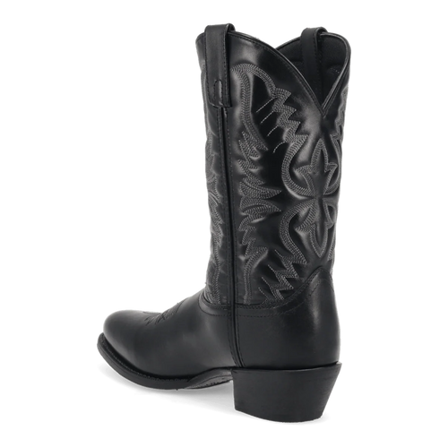 Laredo men's Birchwood boot: Tall, black leather boot with a pointed toe and stacked heel. Intricate stitching adorns the shaft. Pull tabs for easy wear.