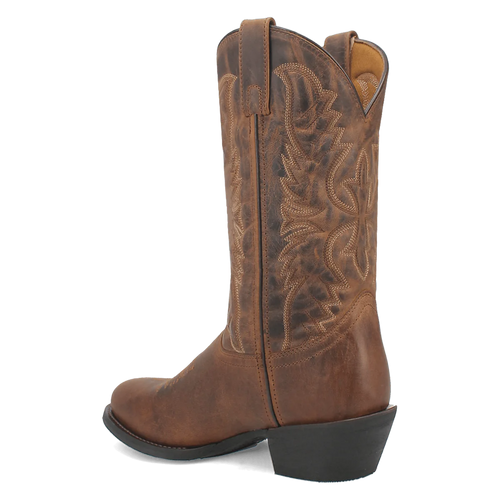 Laredo men's Birchwood leather boot: mid-calf, brown, slightly pointed toe, stacked heel. Intricate stitching on shaft. Pull tabs for easy wear. Durable, textured material.