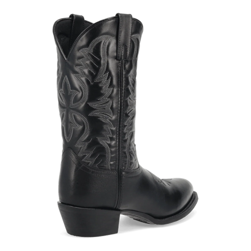 Laredo Men's Birchwood boot: tall, black leather shaft. Intricate side stitching, stacked heel, and rounded toe. Side pull tabs for easy on/off.