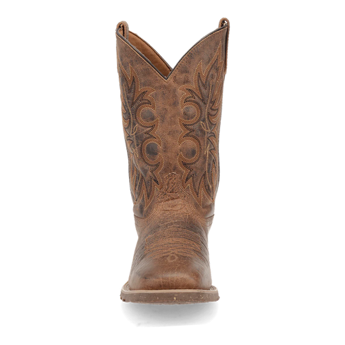 Laredo Men's Durant Boot: Brown leather with pointed toe, raised heel, and tall shaft. Features decorative stitching, textured finish, and pull tabs. Rugged, Western-inspired design.