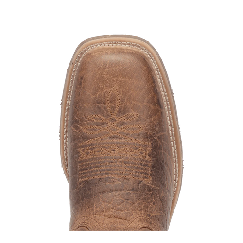 Laredo men's Durant boot: Brown leather, pointed toe, low-profile design. Textured finish, decorative stitching. Sturdy sole stitched to the upper.