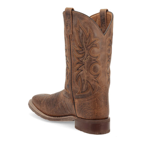 Laredo Men's Durant Boot: Tall, light tan, distressed leather with western stitching. Features a pointed toe, stacked heel, and pull tabs. Angular, tapered silhouette.