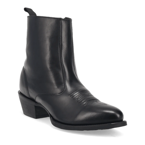 Laredo Men's Fletcher boot: Black leather, tall, rounded toe. Smooth finish, decorative stitching. Stacked heel, side pull tabs. Seamless, laceless design.