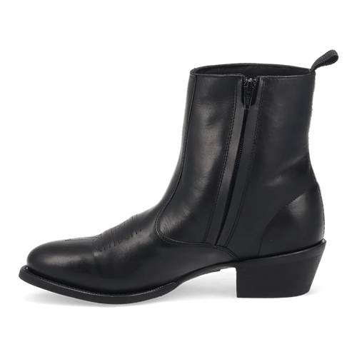 Laredo Men's Fletcher black leather boots: tall silhouette, rounded toe, low heel. Smooth black leather, side zippers for easy wear. Horizontal stitching detail, reinforced heel.